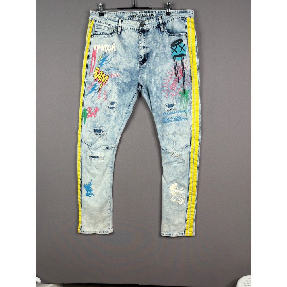 RUE21 PREMIUM Skinny Jeans Mens 40x32 Blue Acid Wash Graffiti Distressed Yellow